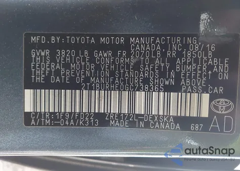 2016 Toyota Corolla S Plus z USA, uszkodzony, nr VIN 2T1BURHE0GC738365